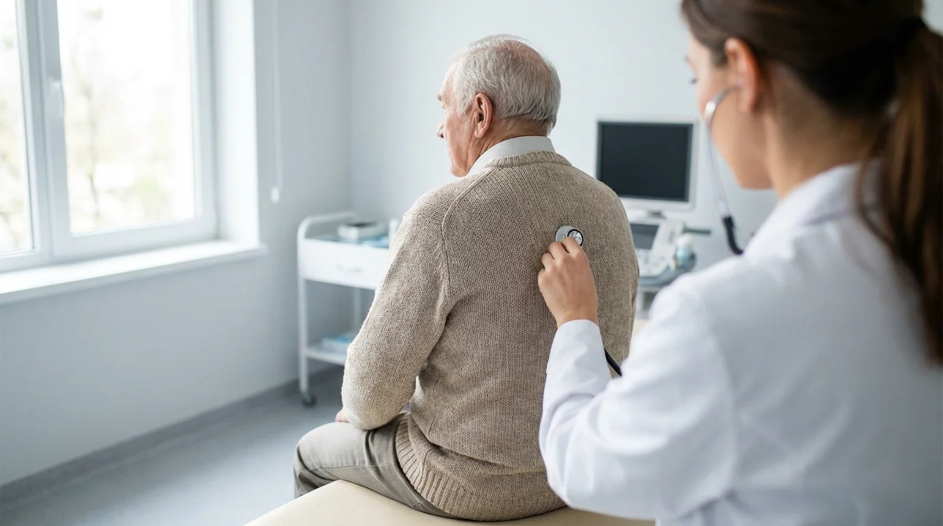 Doctor performs an annual check-up on a senior patient in a bright medical office.