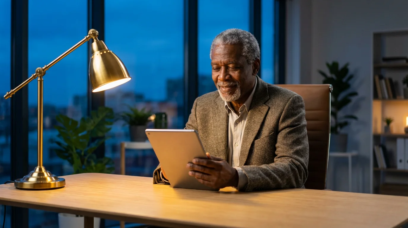 Elderly Black man working on a tablet in an office during the evening.