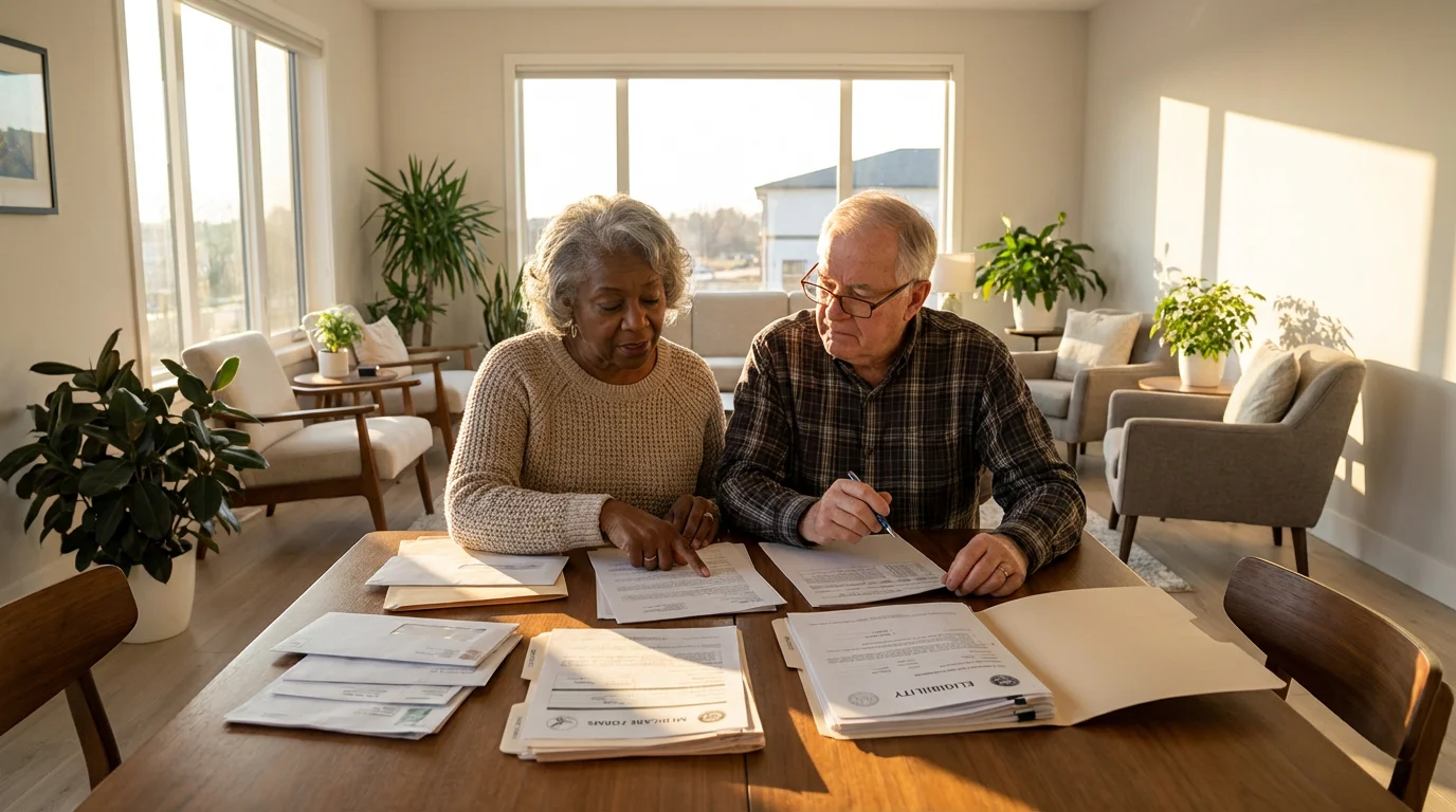 Elderly couple at a dining table reviewing official documents during a warm golden hour sunset.