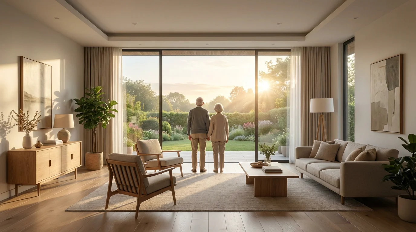 Elderly couple in a beautiful living room looking out a window at sunrise.