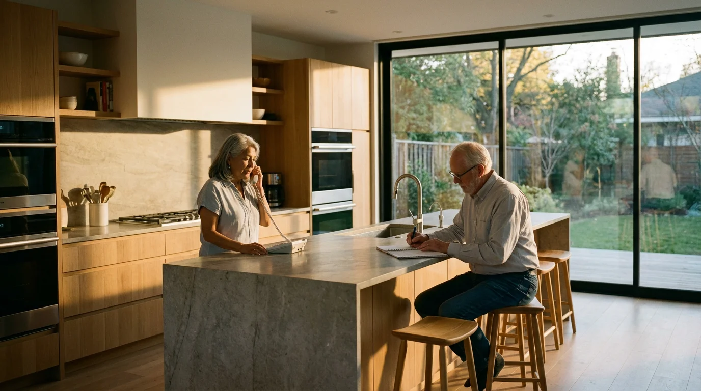 Elderly couple in their kitchen during sunset, calmly reporting a potential financial scam together.