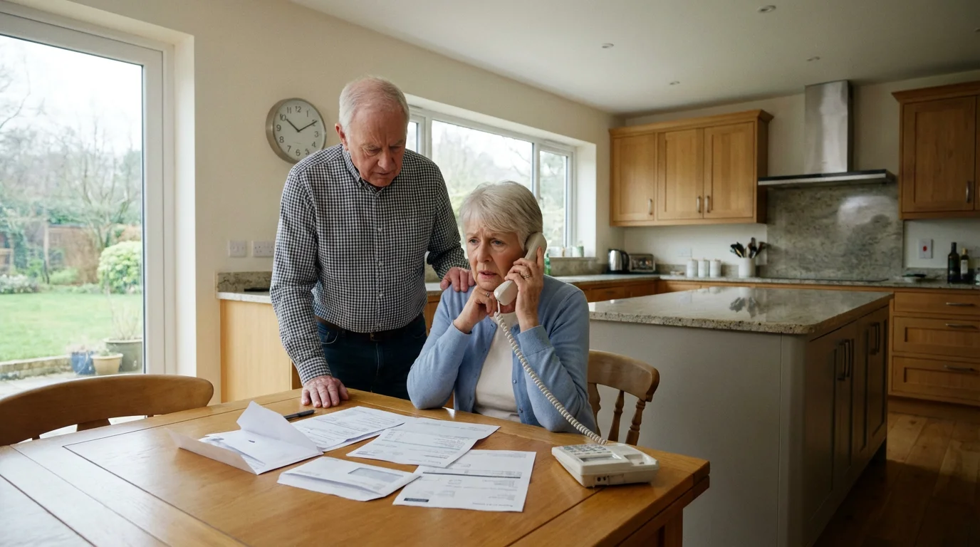 Elderly couple looking worried over financial documents and a phone call in their kitchen.