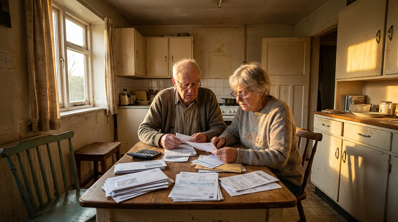 Elderly couple reviewing their finances and utility bills at a kitchen table with shadows.
