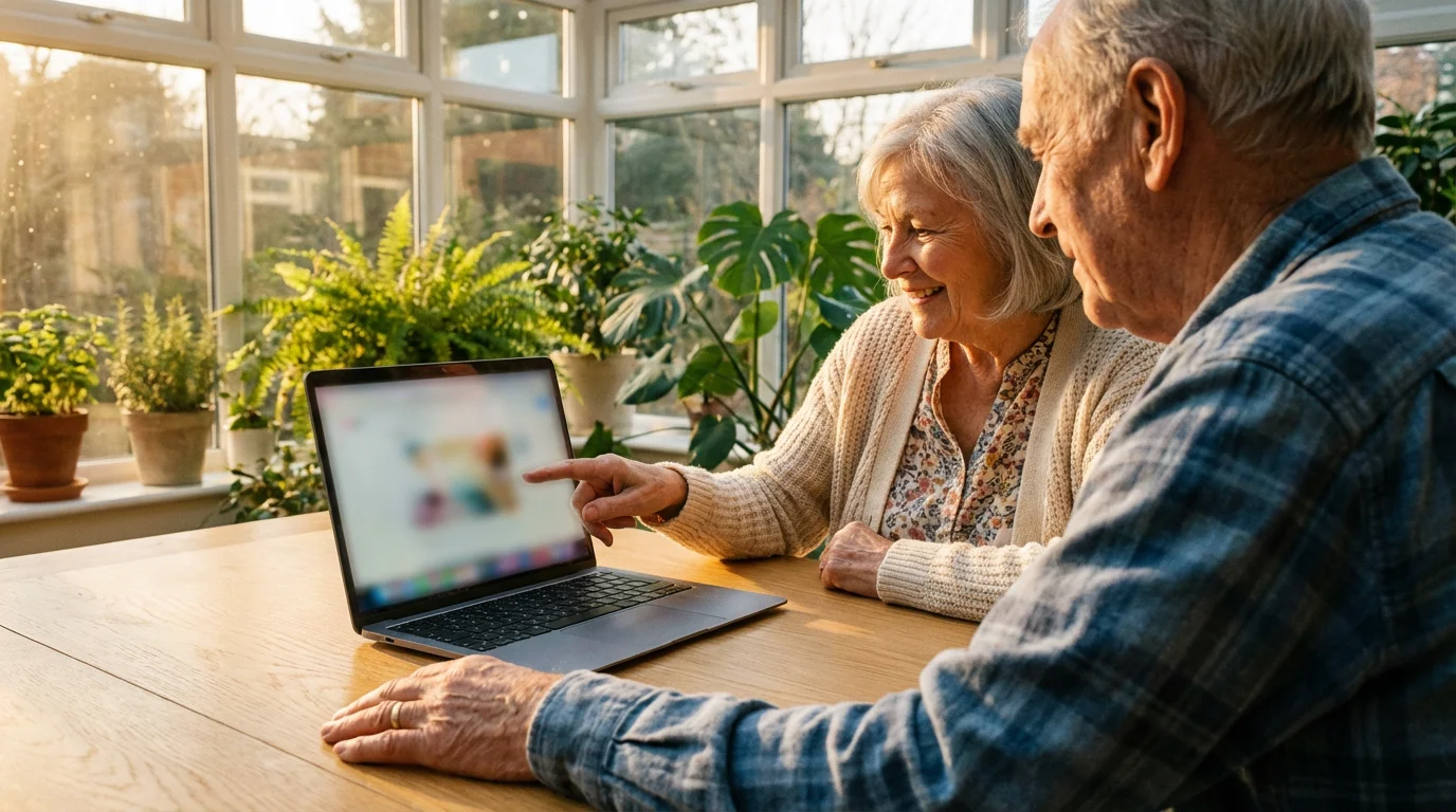 Elderly couple using a laptop in a sunlit room to research healthcare resources.