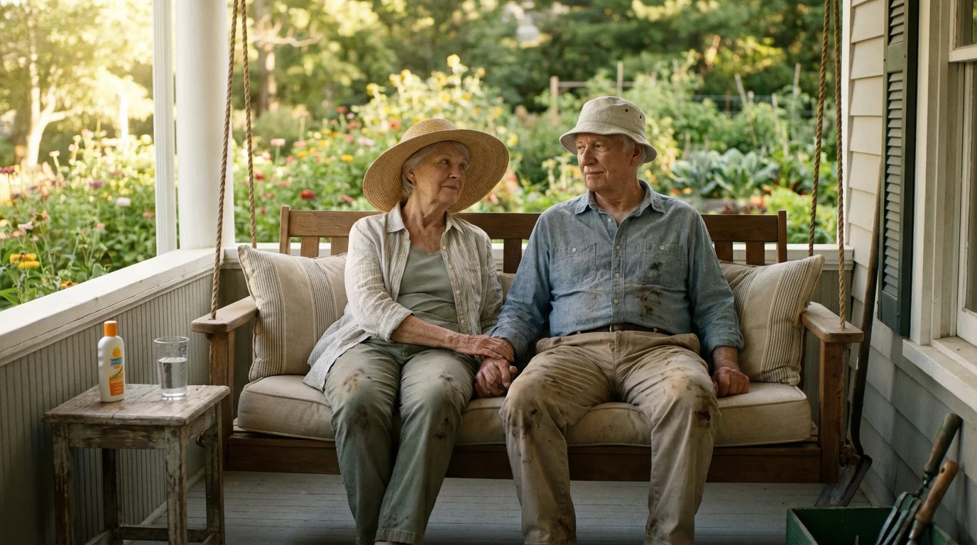 Elderly couple wearing hats and relaxing on a porch swing next to their garden.