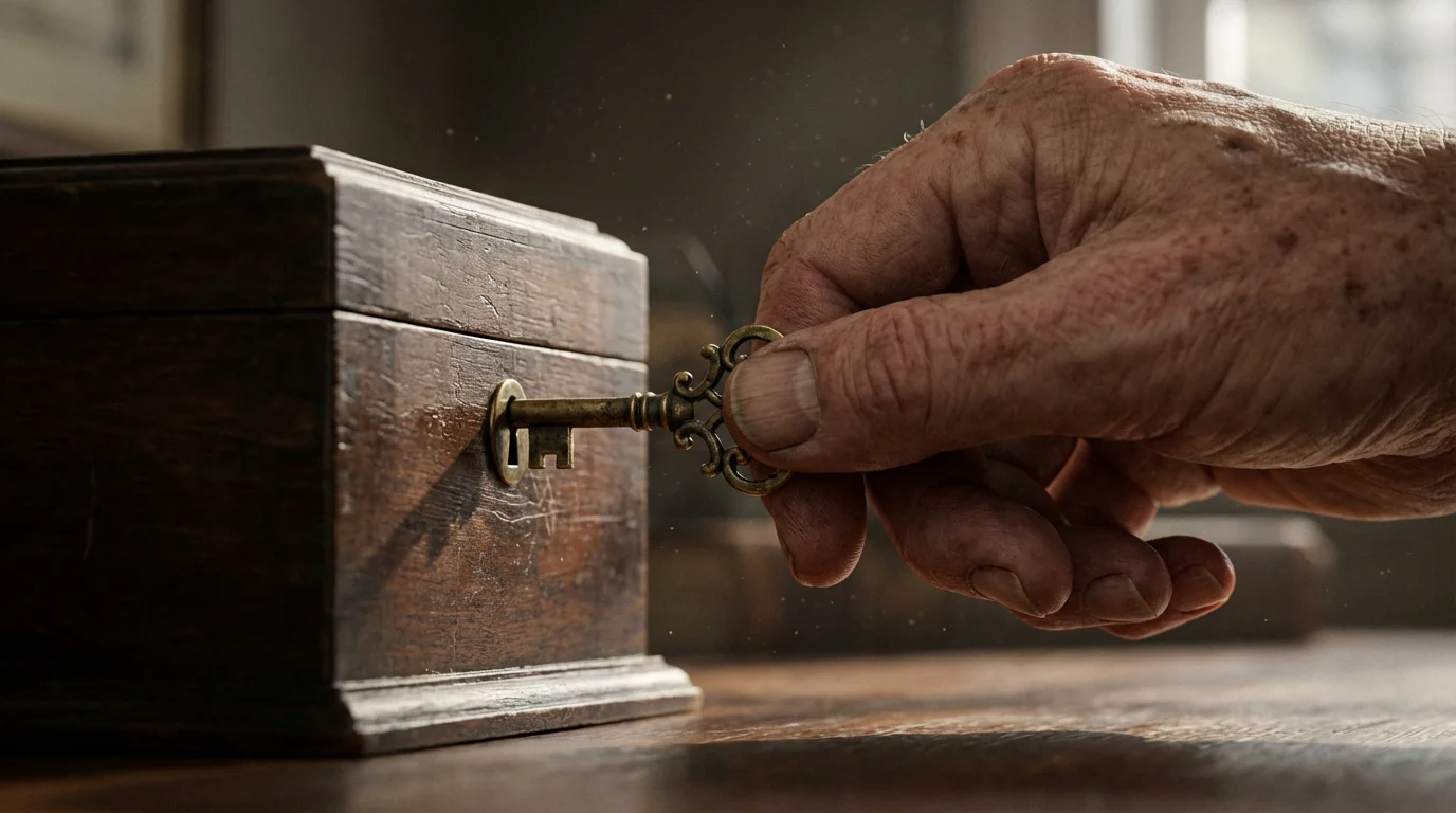 Elderly hand inserting an ornate brass key into the lock of an antique box.