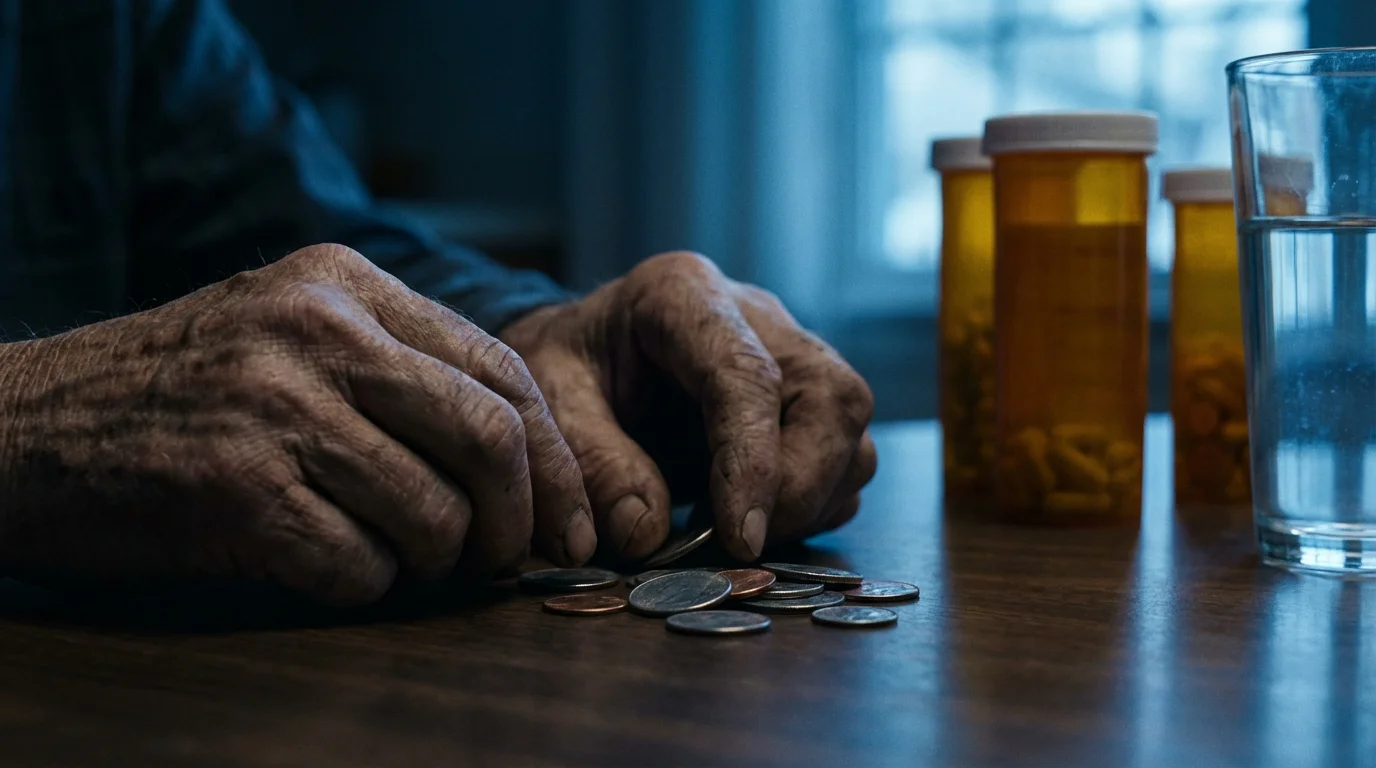 Elderly hands counting coins on a table next to prescription medication bottles at dusk.