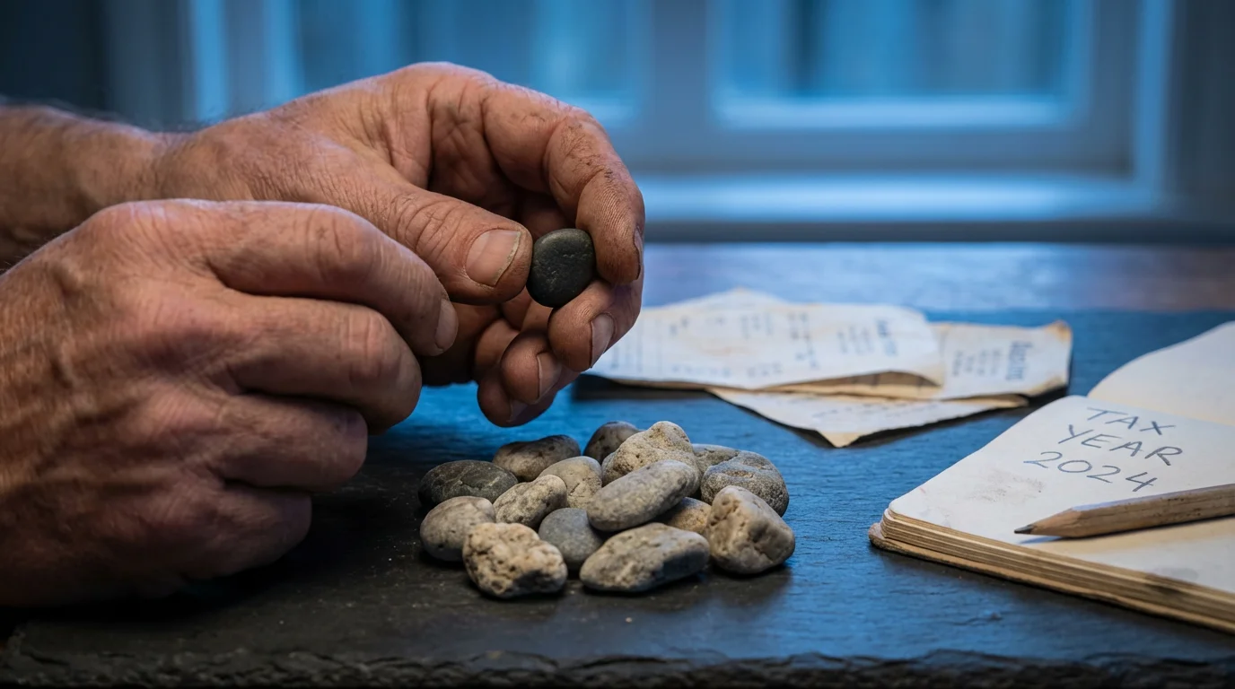 Elderly hands separating dark and light stones, symbolizing financial sorting for tax purposes.