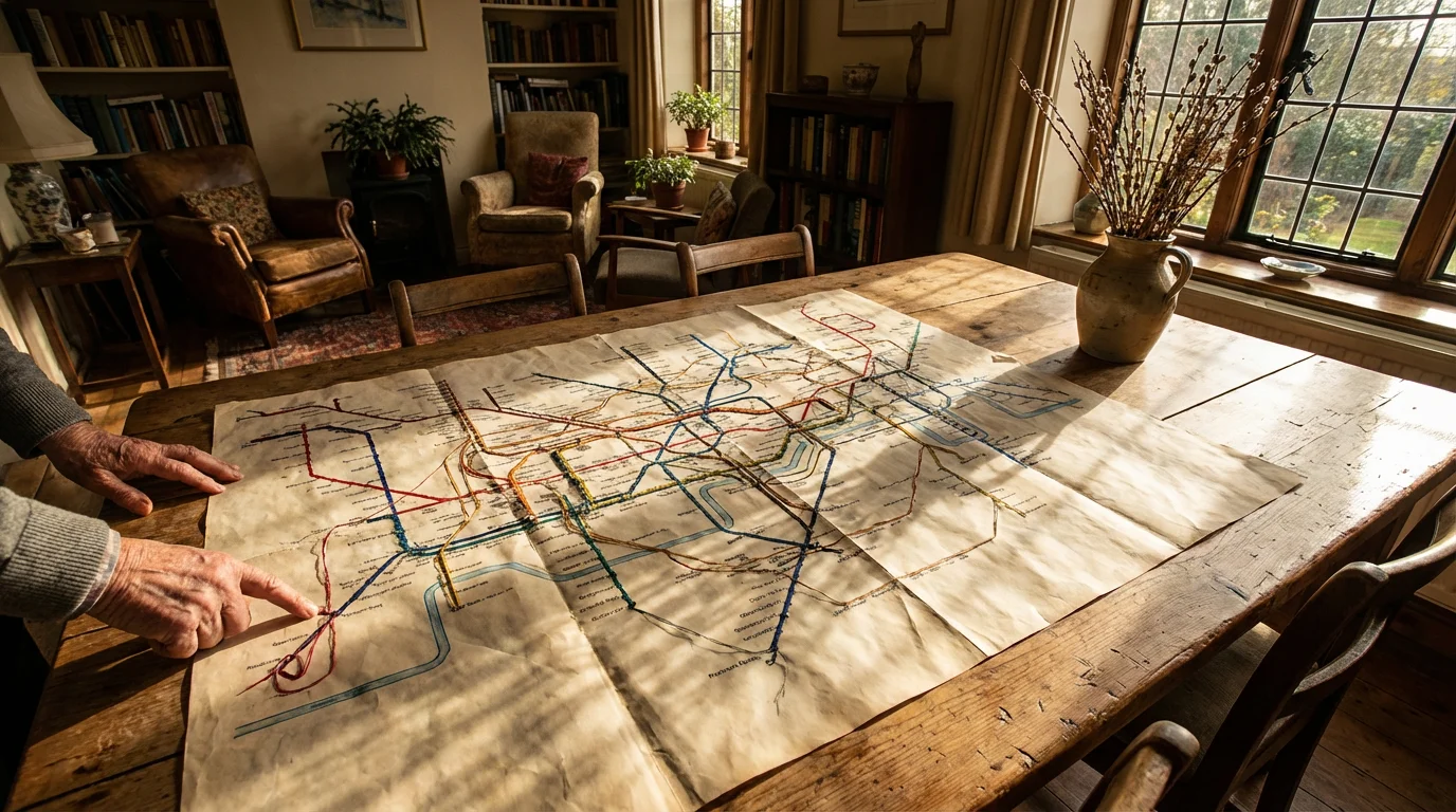 Elderly hands tracing a line on a complex, colorful, abstract network map in afternoon light.