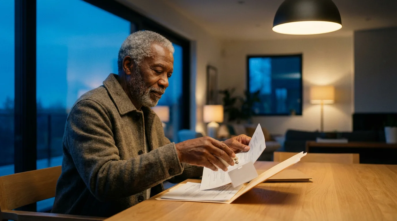 Elderly man at a dining table organizing documents into a folder in the evening.