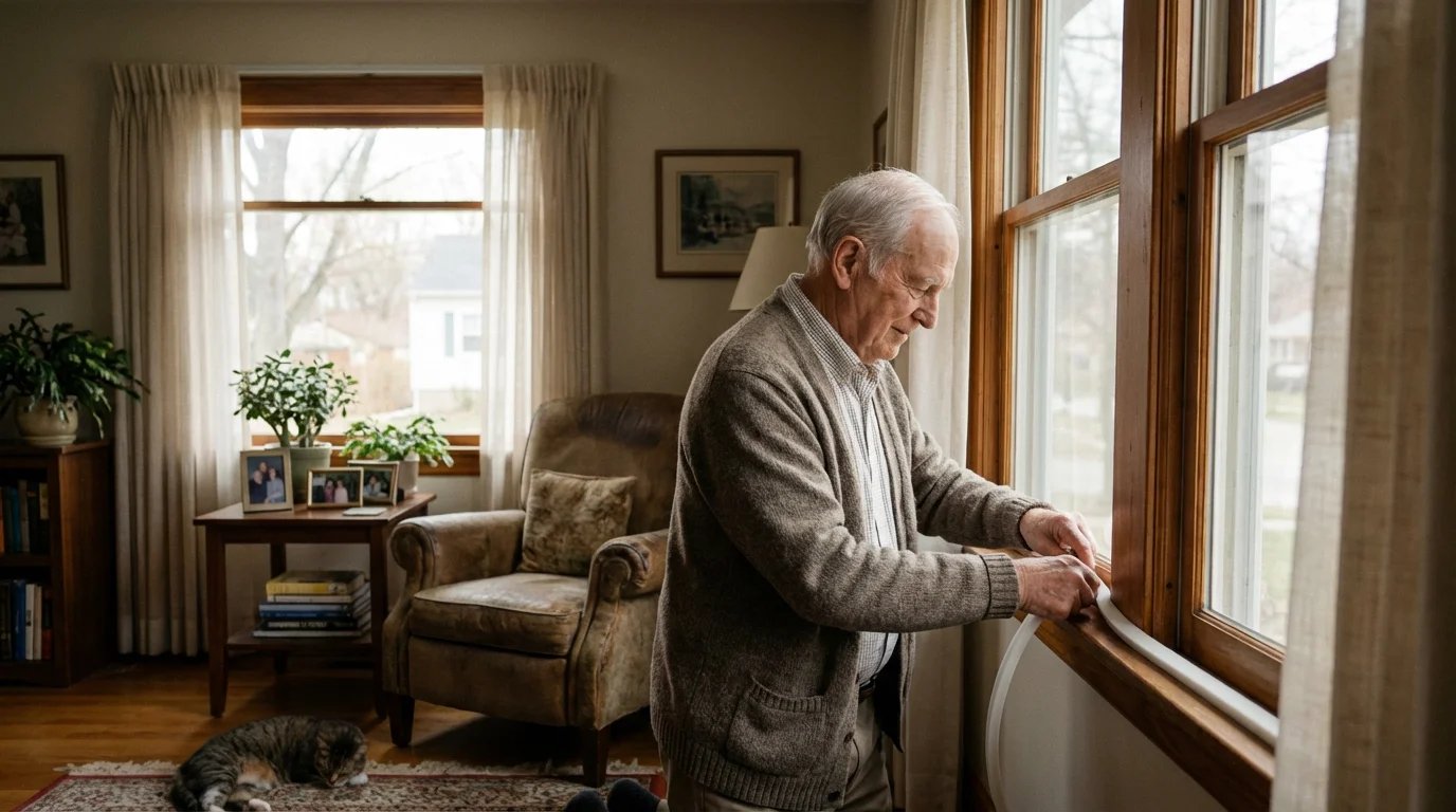Elderly man carefully applying weather stripping to a window frame in his sunlit living room.