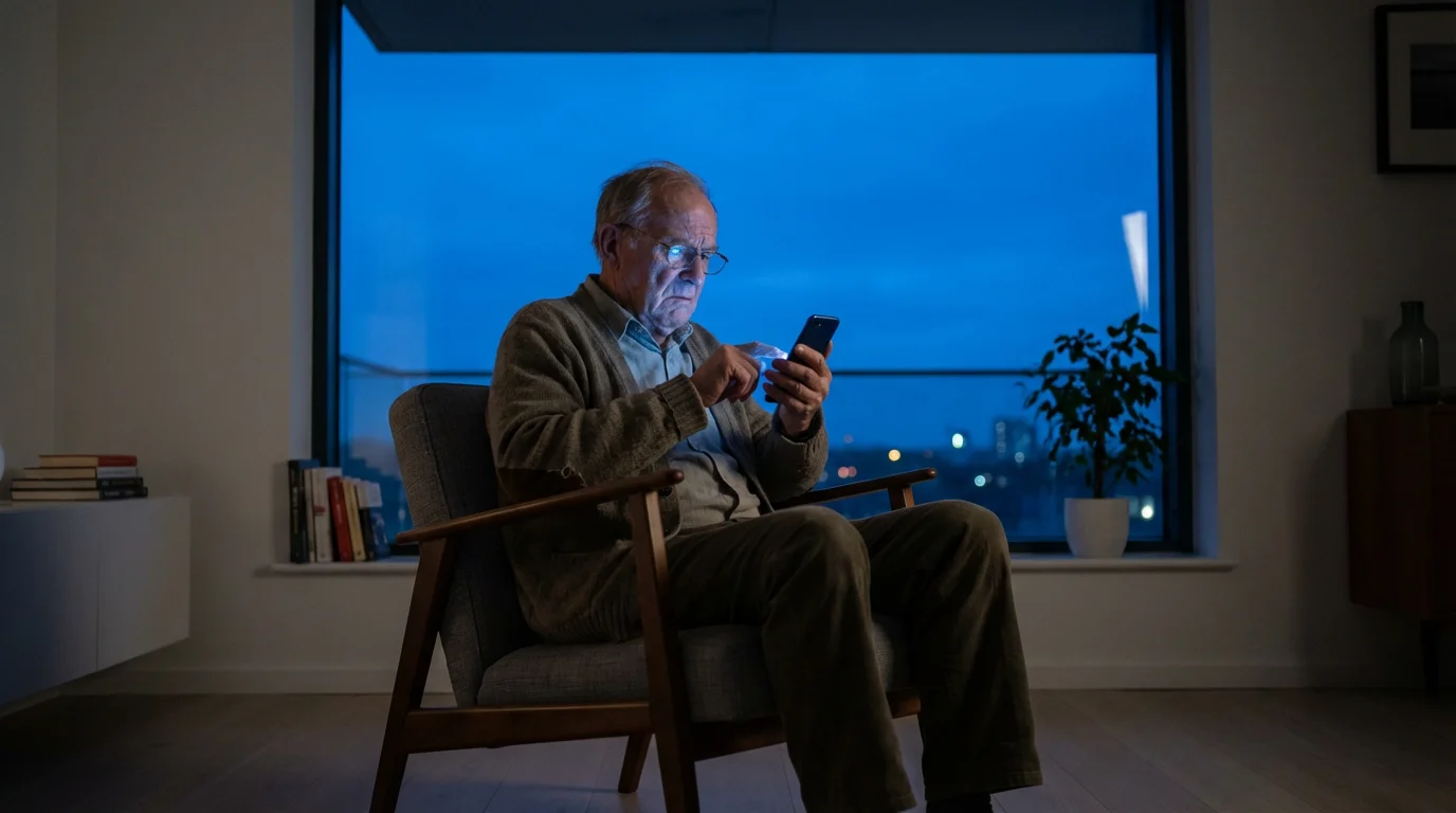 Elderly man sits alone in a dark living room looking at his smartphone with concern.