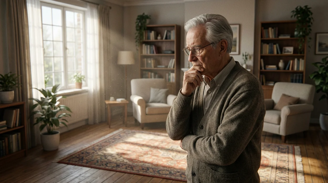 Elderly man thoughtfully assessing the safety of his clean and brightly sunlit living room.
