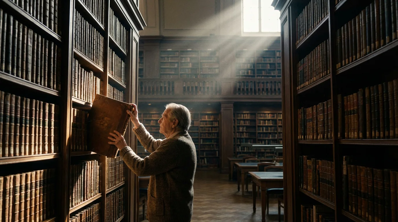 Elderly person in a vast library reaching for a book from a tall shelf.