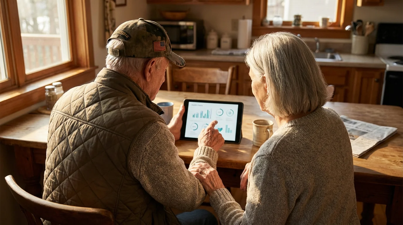 Elderly veteran and his wife using a tablet to review healthcare options at home.