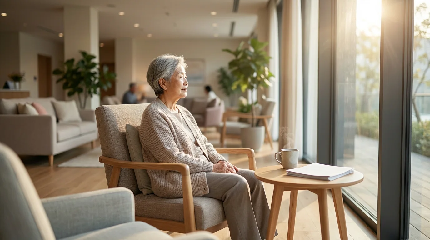 Elderly woman peacefully sitting in a sunlit community center lounge with financial papers nearby.