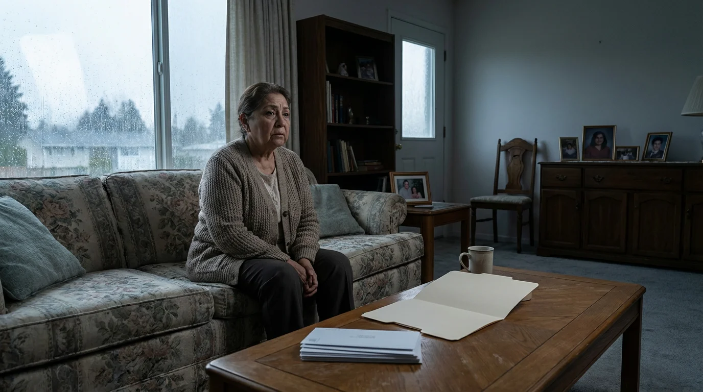 Elderly woman sitting in her living room, looking worried with financial papers on the table.