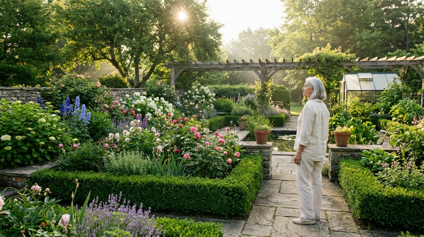 Elegant woman in her late 60s peacefully contemplating her large, sunlit morning garden.