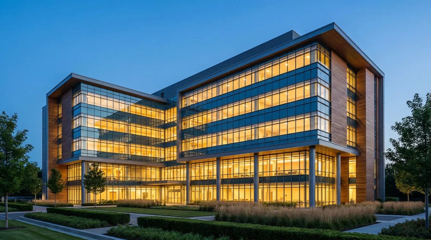 Exterior of a modern hospital building glowing with warm light during the blue hour.