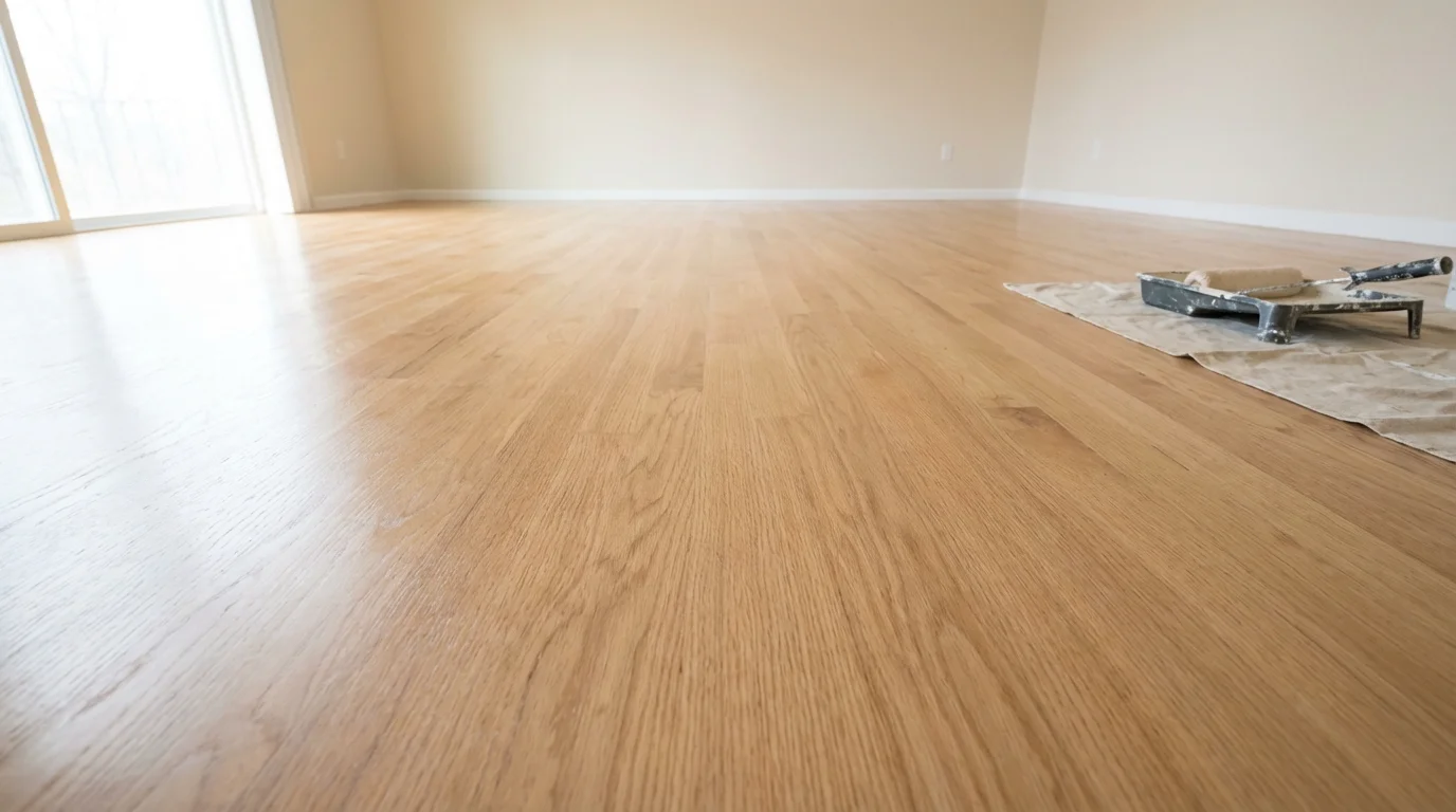 Extreme low angle shot of a clean, empty room after downsizing and decluttering.