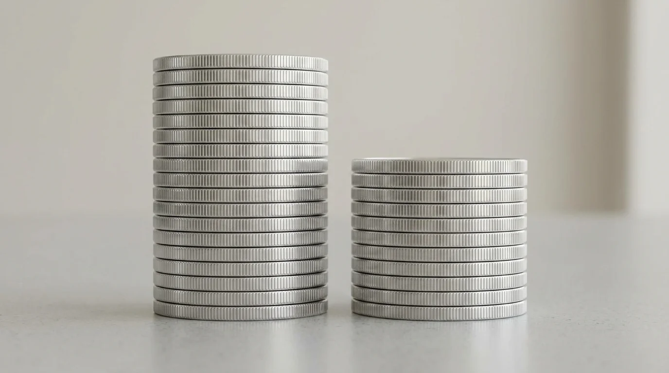 Eye-level view of a tall stack of coins next to a permanently shorter stack.