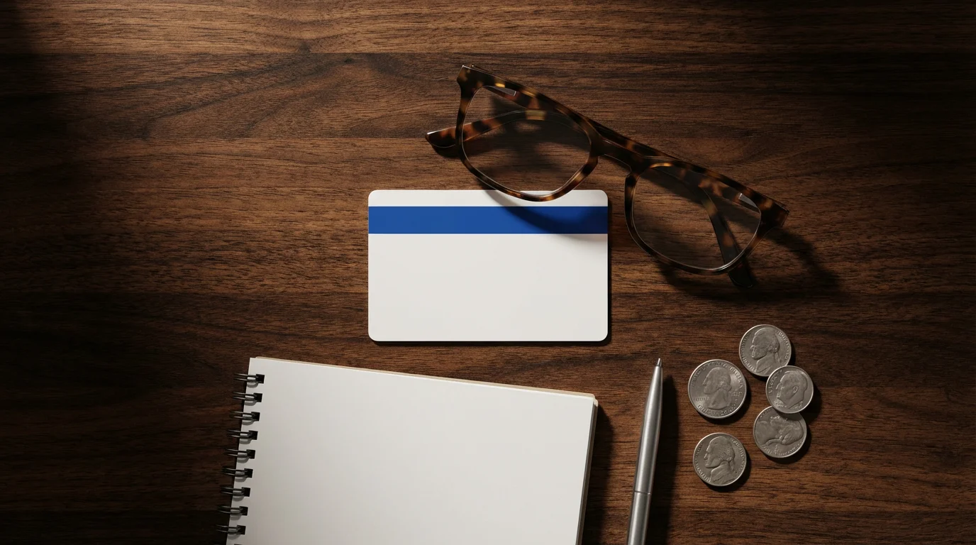 Flat lay of a blank insurance card, glasses, and notebook for healthcare planning.
