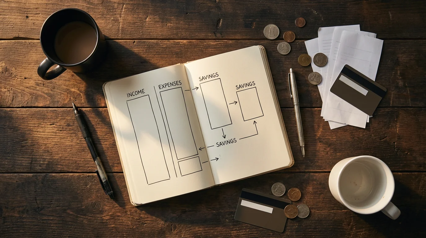 Flat lay of a budget notebook, receipts, and two coffee mugs on a table.