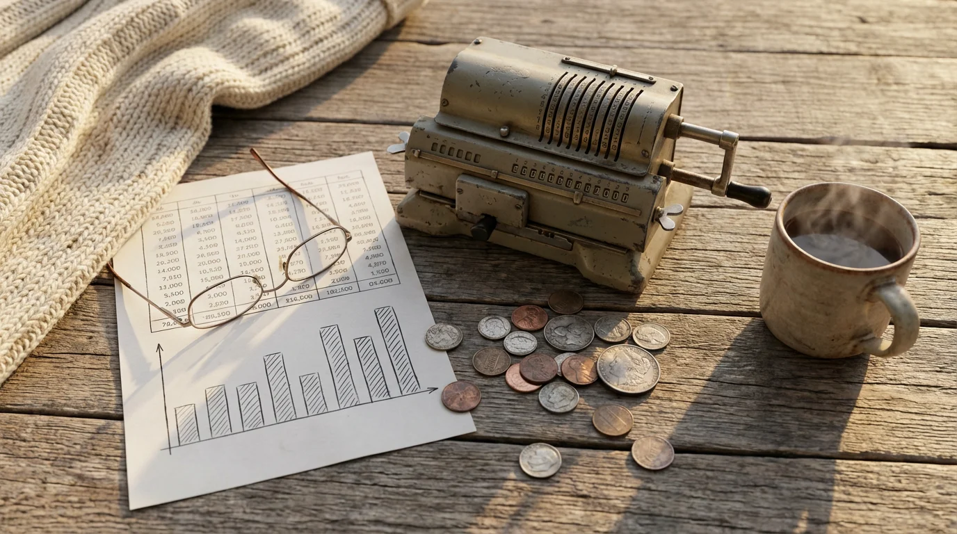 Flat lay of a calculator, coins, and a warm blanket representing household finances.