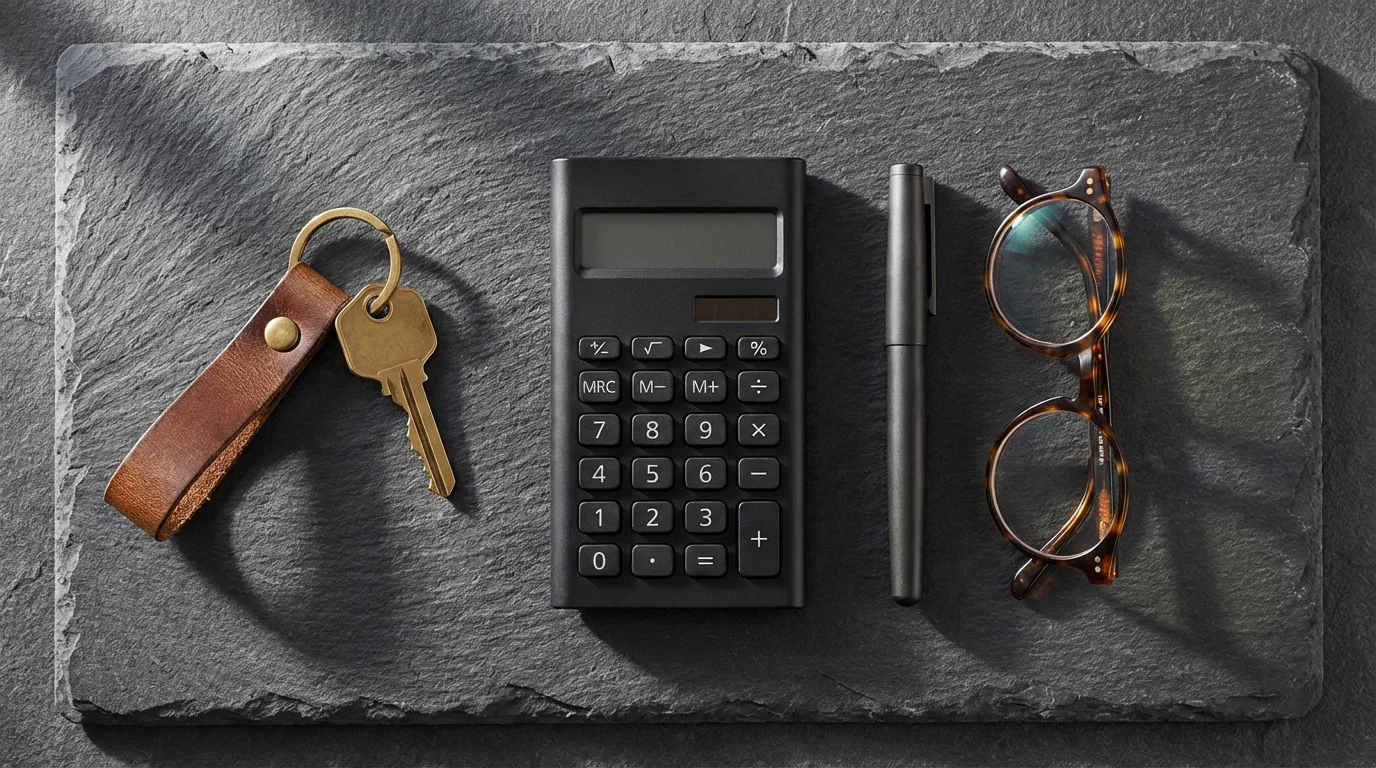 Flat lay of a calculator, pen, glasses, and a key for retirement planning.