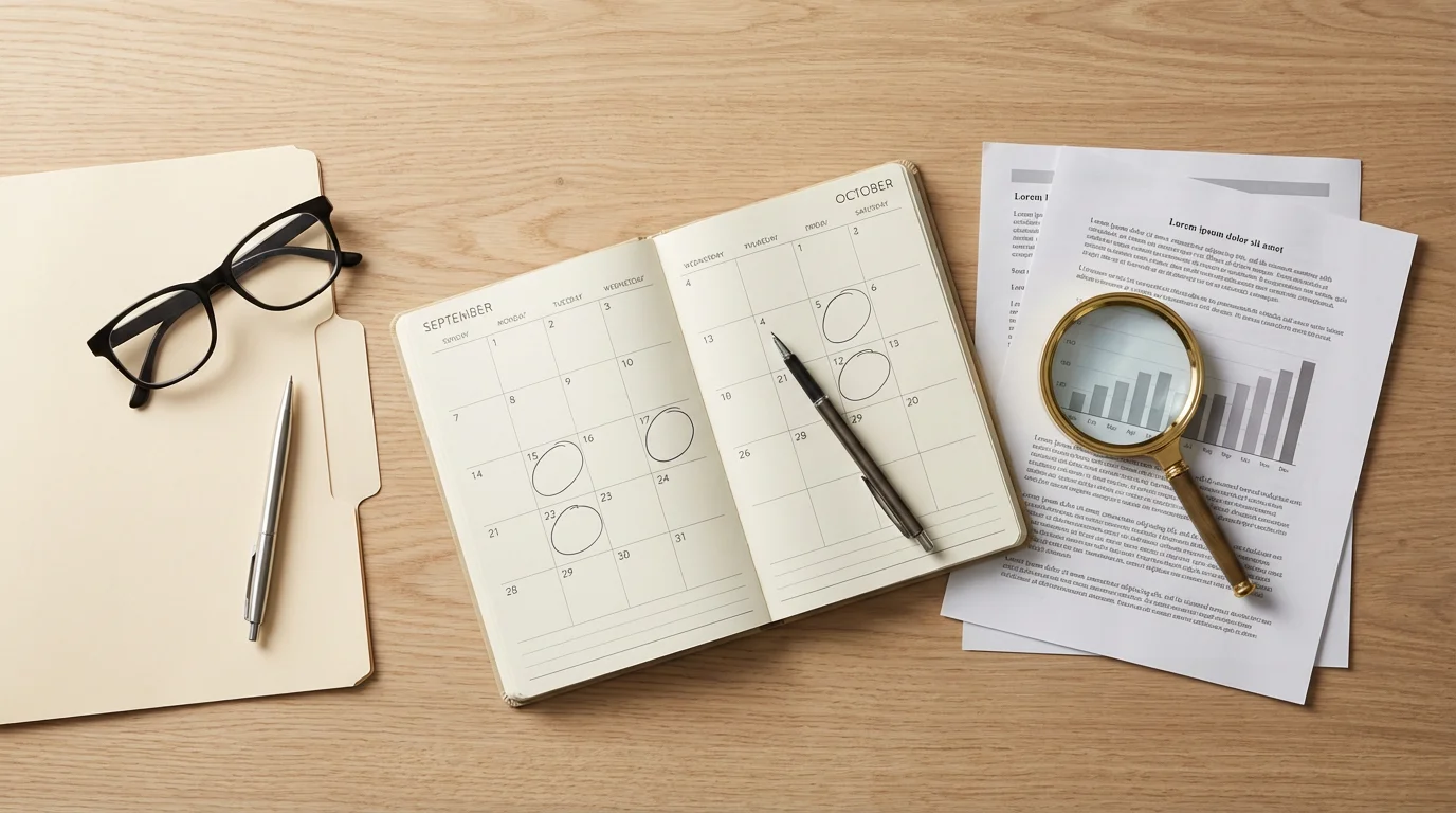 Flat lay of a calendar, documents, and a magnifying glass for appeal preparation.