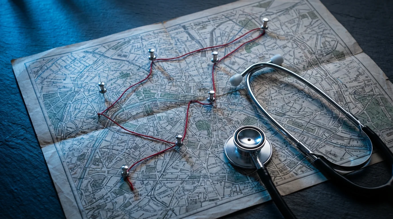 Flat lay of a city map with pins, a red thread network, and a stethoscope.
