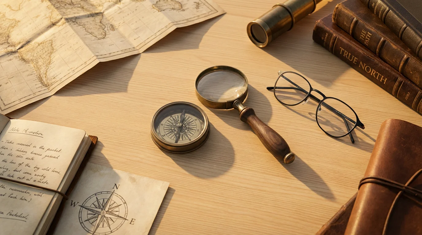 Flat lay of a compass, magnifying glass, and eyeglasses on a sunlit wooden desk.