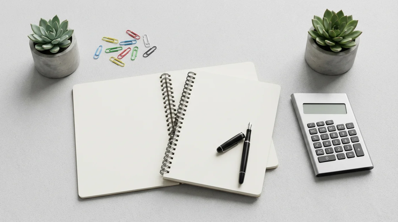 Flat lay of a desk with a blank notebook, pen, calculator, and succulent.