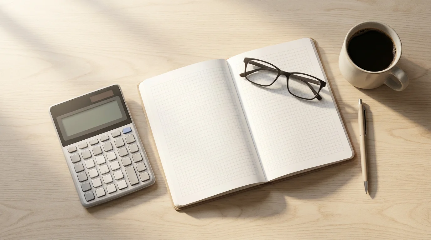 Flat lay of a desk with a calculator, glasses, and coffee for retirement planning.