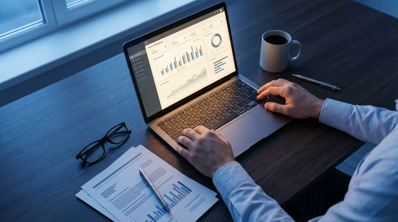 Flat lay of a desk with a laptop and documents for financial planning at dusk.