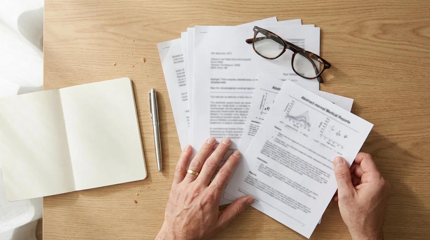 Flat lay of a desk with blurred documents, glasses, and hands preparing an appeal.