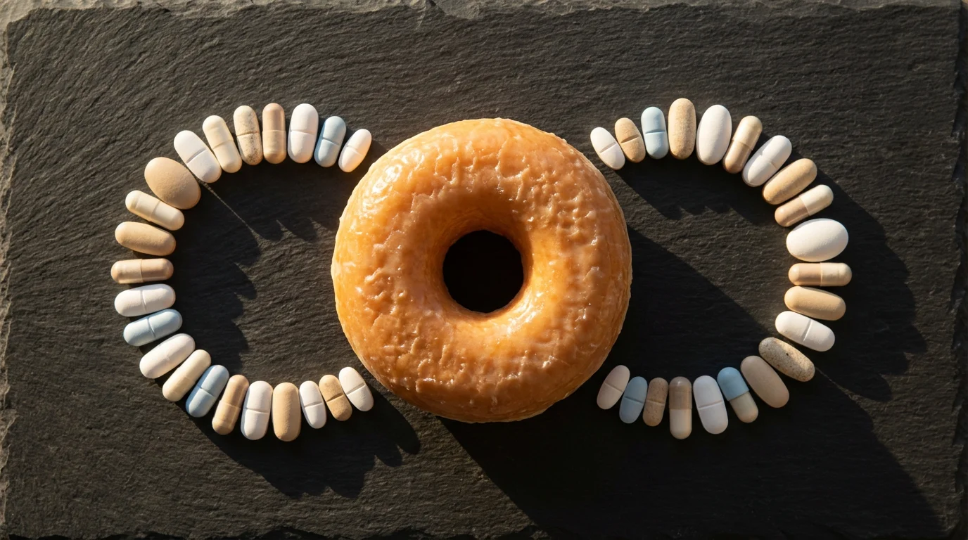 Flat lay of a donut creating a gap in a semi-circle of prescription pills.