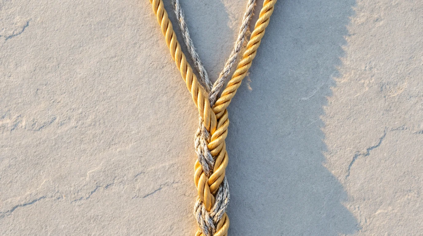 Flat lay of a golden silk cord and a silver twine braided together.