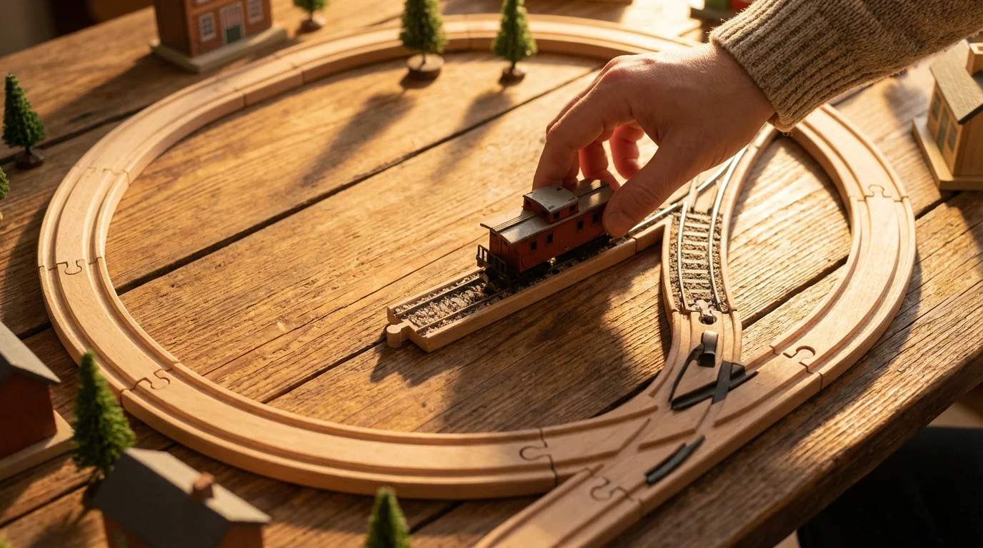 Flat lay of a hand placing a model train onto a manual track switch.