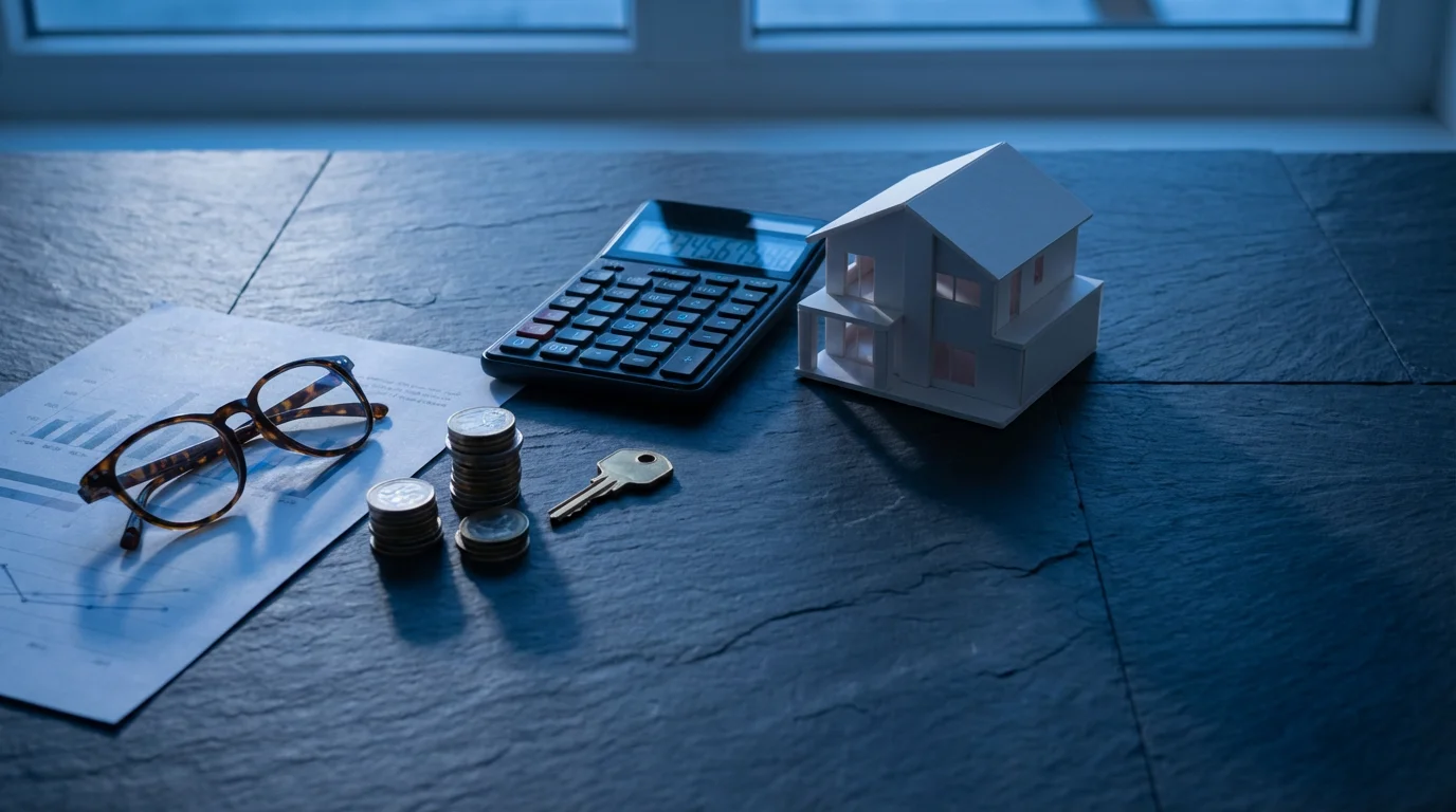 Flat lay of a house model, calculator, coins, and glasses for retirement property taxes.