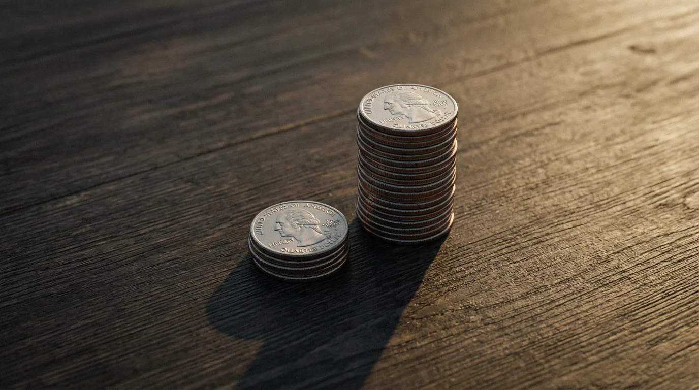 Flat lay of a large stack of coins with a smaller stack separated from it.