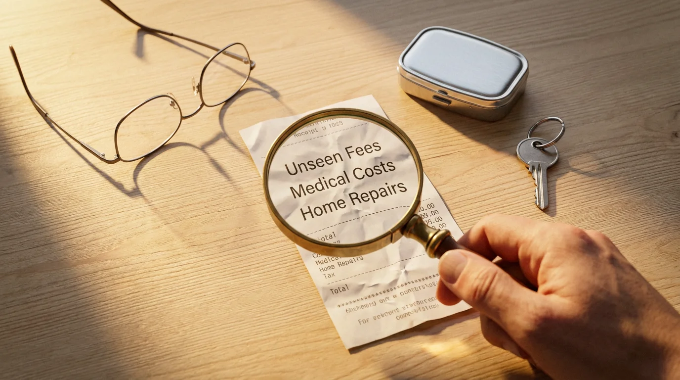 Flat lay of a magnifying glass examining a receipt next to glasses and a pillbox.