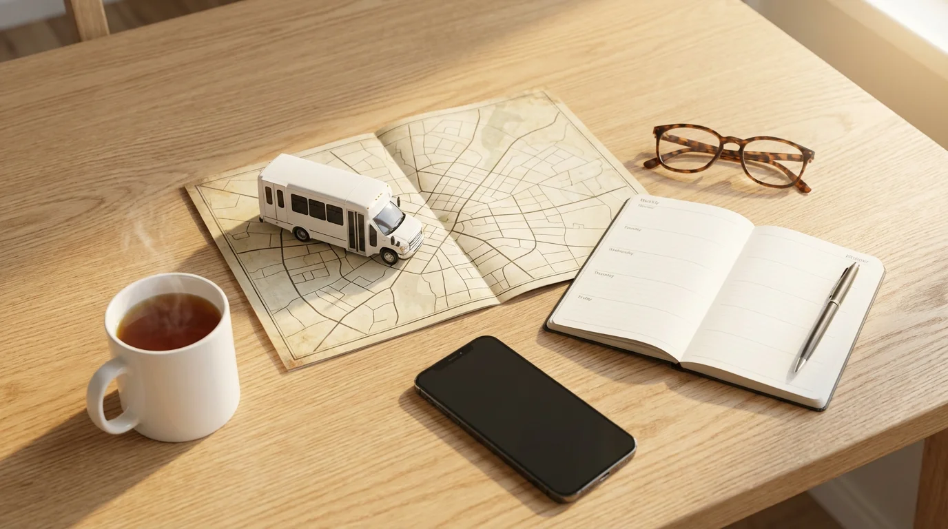 Flat lay of a miniature paratransit van on a map, with a planner, glasses, and phone, representing senior transportation.