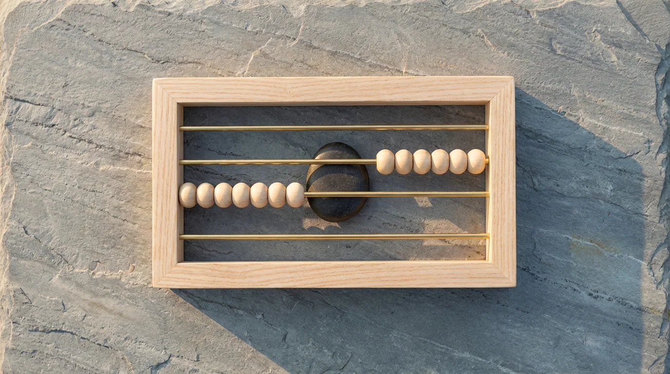Flat lay of a modern abacus with a stone blocking the beads, symbolizing an earnings limit.