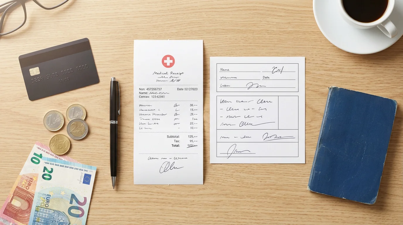 Flat lay of a passport, foreign currency, and generic medical claim forms on a desk.