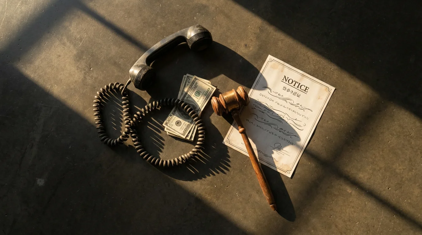 Flat lay of a phone, cash, and gavel, symbolizing legal scams for seniors.