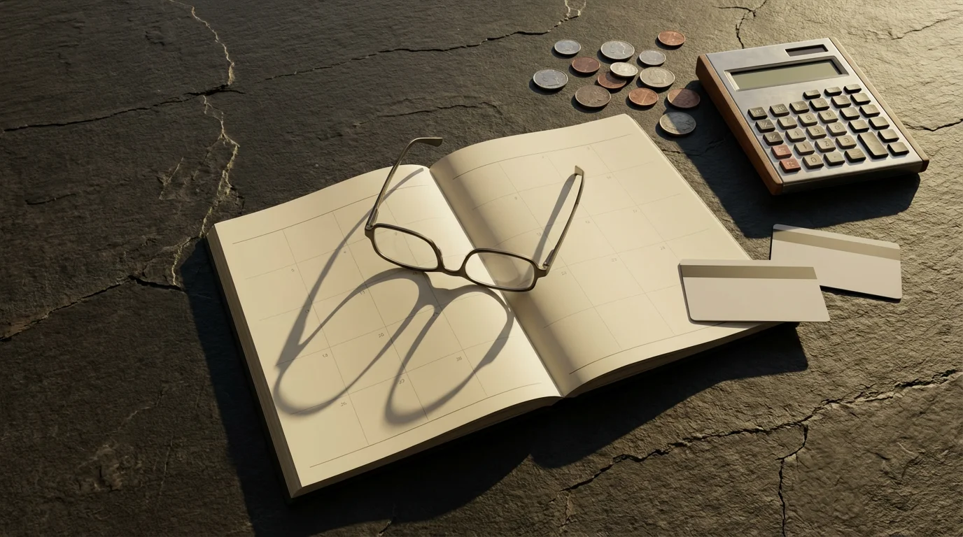 Flat lay of a planner, glasses, calculator, coins, and credit cards for retirement planning.