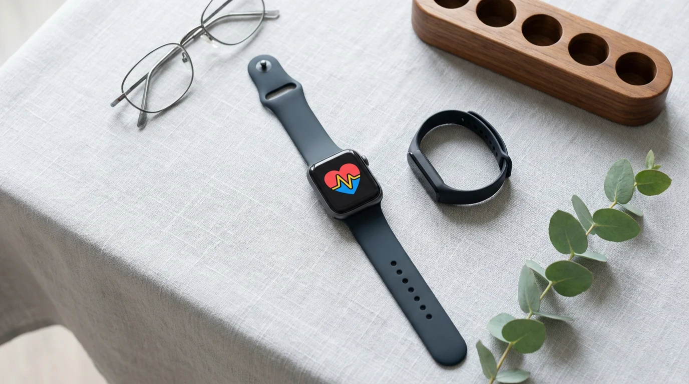 Flat lay of a smartwatch and fitness tracker next to reading glasses and a pill organizer.