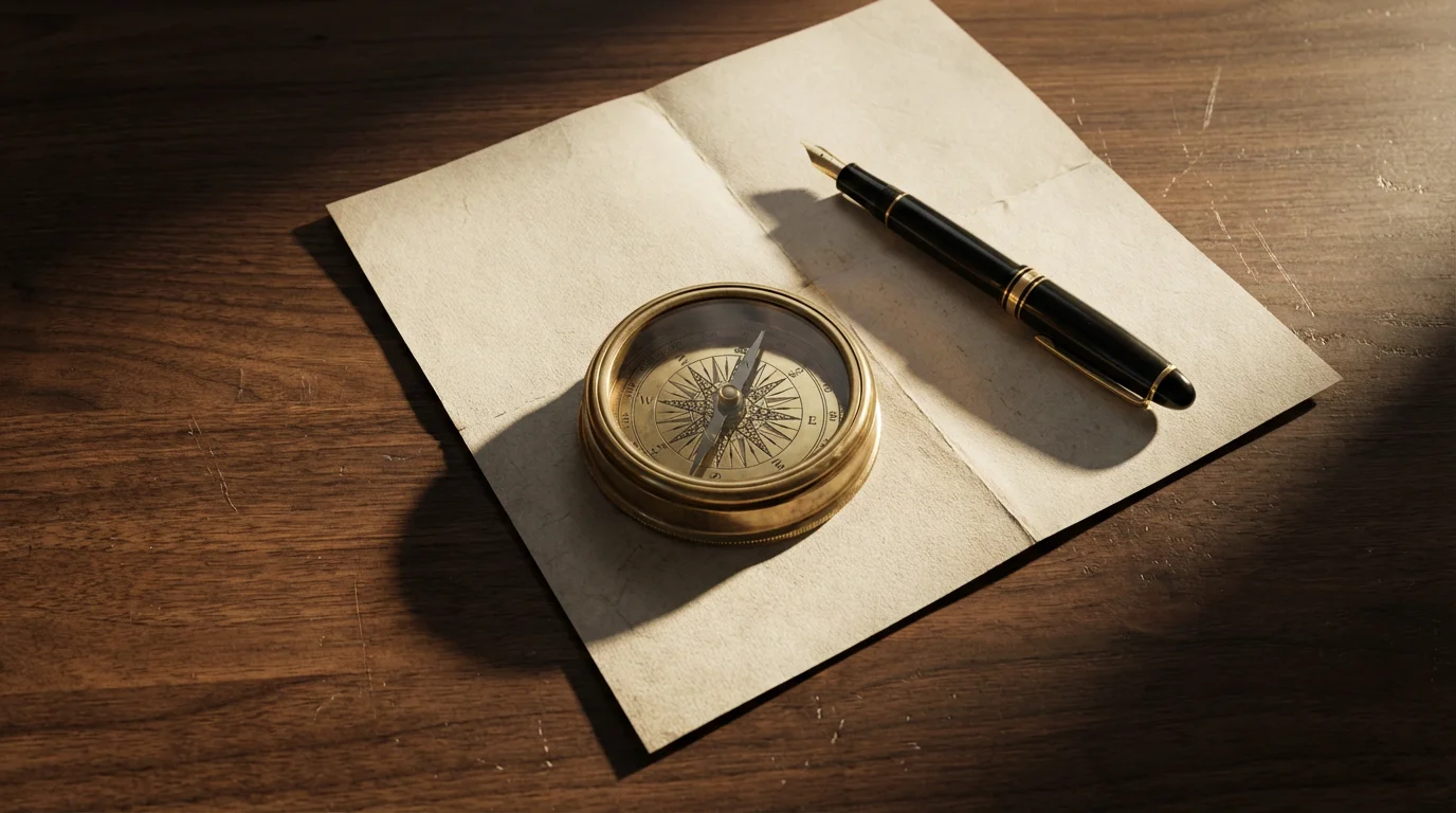 Flat lay of a vintage compass, blank map, and a fountain pen on a desk.