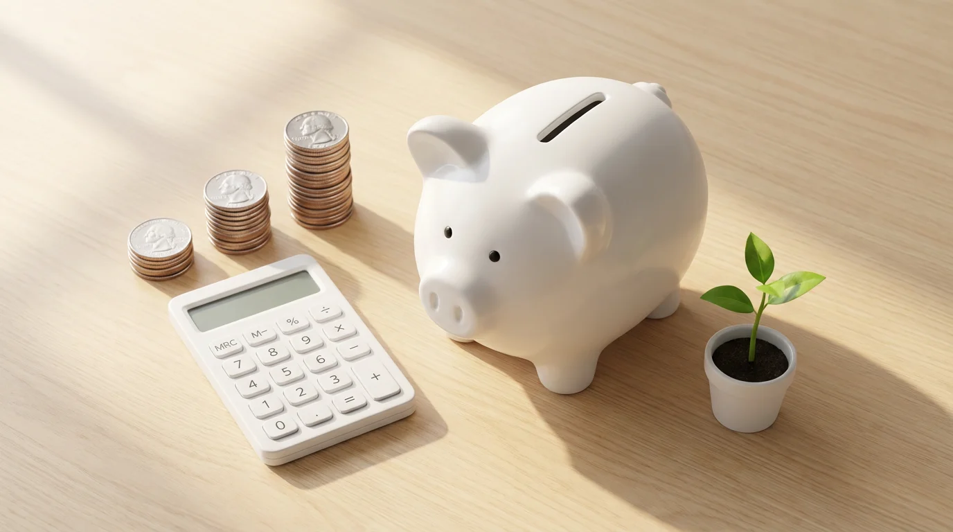 Flat lay of a white piggy bank, calculator, and growing stacks of coins.